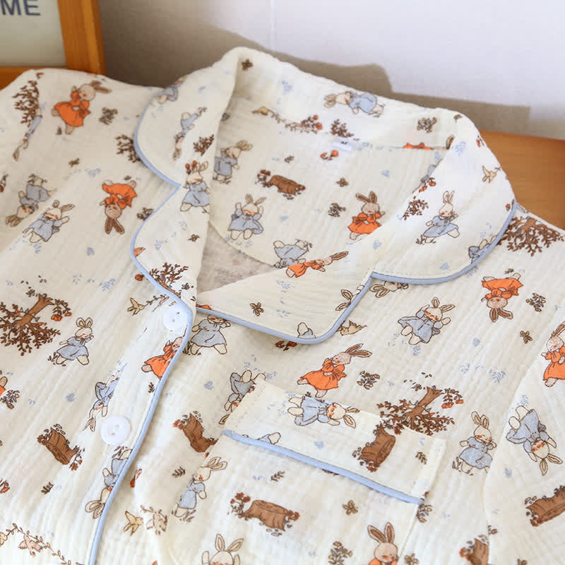 Kurzärmliges Loungewear-Set aus Baumwollgaze mit Kaninchen-Print