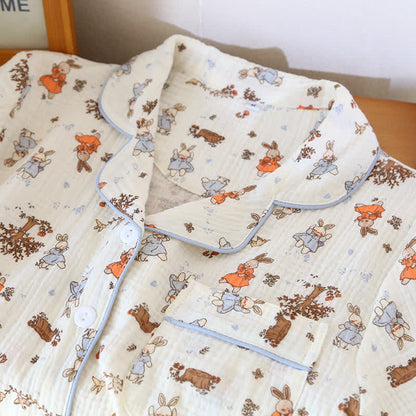 Kurzärmliges Loungewear-Set aus Baumwollgaze mit Kaninchen-Print