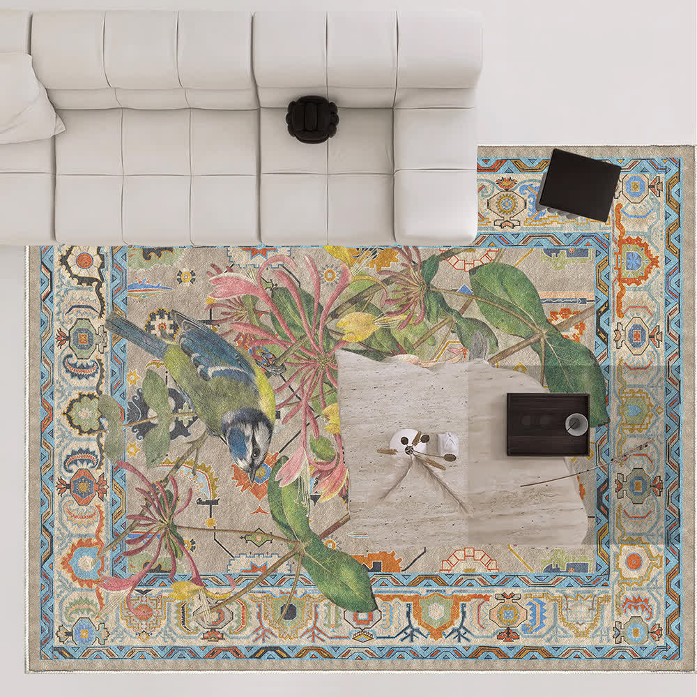 Wasserabweisender, waschbarer Teppich mit Blumen- und Vogelmotiv