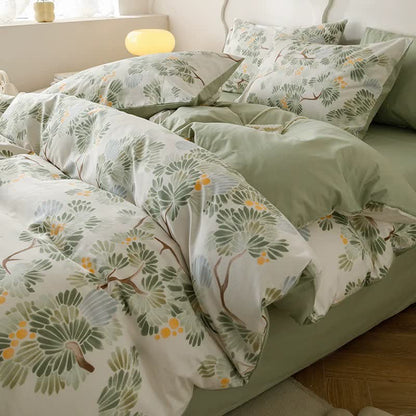 Bettwäscheset aus Baumwolle mit frischem botanischem Druck (4-teilig)