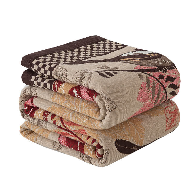 Vierlagige Steppdecke aus Jacquard-Baumwolle „Rural Bird“