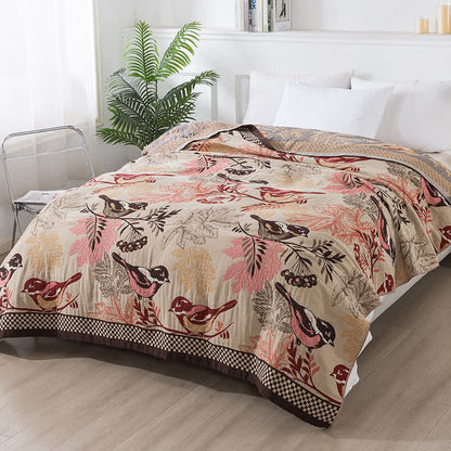 Vierlagige Steppdecke aus Jacquard-Baumwolle „Rural Bird“