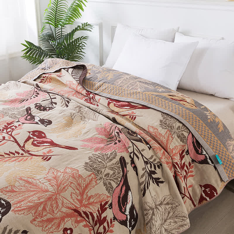 Vierlagige Steppdecke aus Jacquard-Baumwolle „Rural Bird“