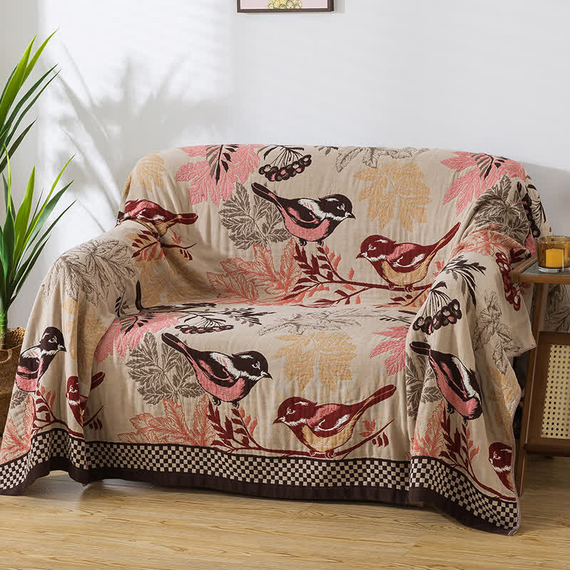 Vierlagige Steppdecke aus Jacquard-Baumwolle „Rural Bird“