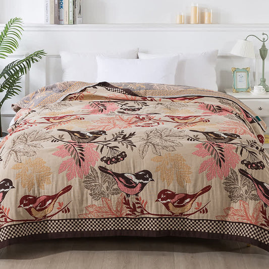 Vierlagige Steppdecke aus Jacquard-Baumwolle „Rural Bird“