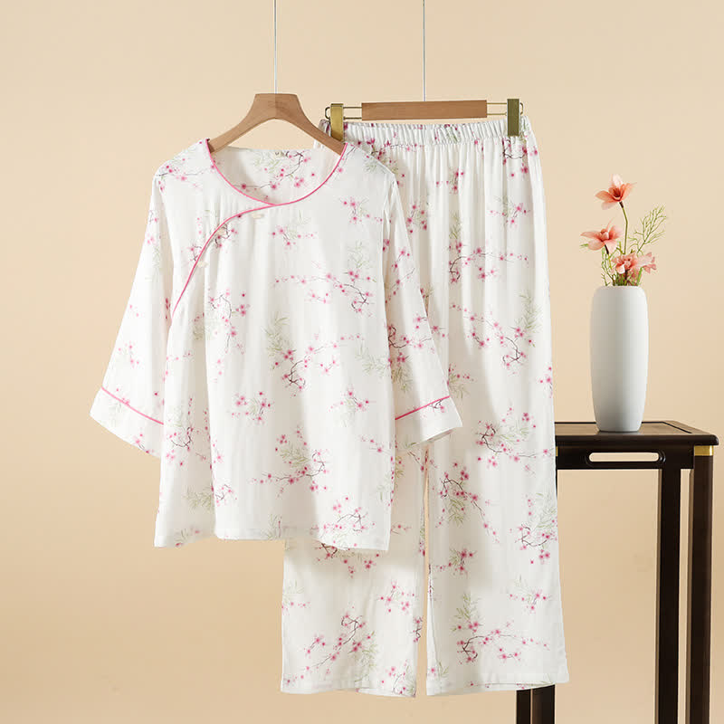 Pyjama-Set aus Bambus-Baumwolle mit Vintage-Pflaumenblüten-Print