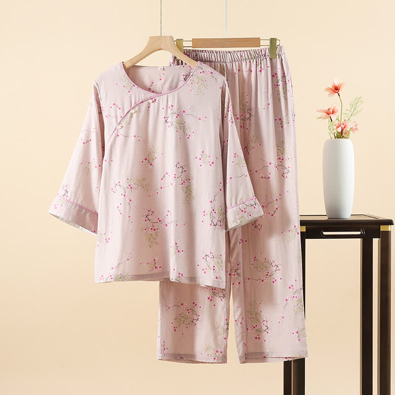 Pyjama-Set aus Bambus-Baumwolle mit Vintage-Pflaumenblüten-Print