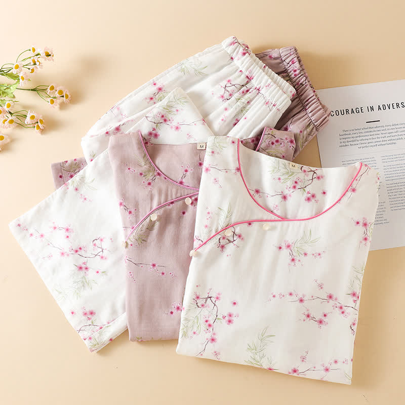 Pyjama-Set aus Bambus-Baumwolle mit Vintage-Pflaumenblüten-Print