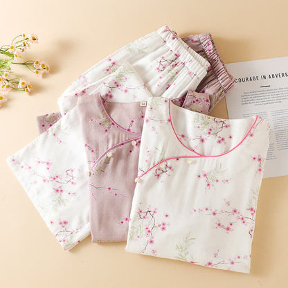 Pyjama-Set aus Bambus-Baumwolle mit Vintage-Pflaumenblüten-Print