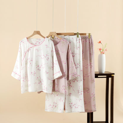Pyjama-Set aus Bambus-Baumwolle mit Vintage-Pflaumenblüten-Print