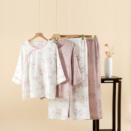 Pyjama-Set aus Bambus-Baumwolle mit Vintage-Pflaumenblüten-Print