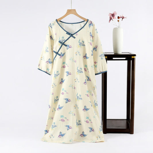 Vintage Floral Schmetterling Baumwolle Gaze Nachthemd