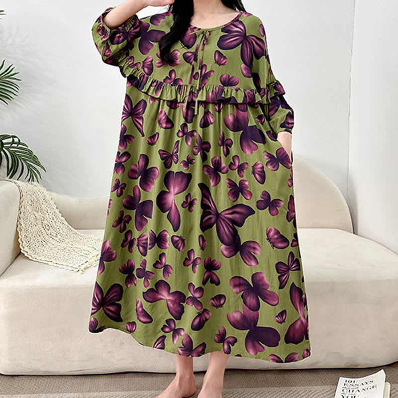 Plus Size Nachthemd mit Rundhalsausschnitt und Schmetterlingsmuster
