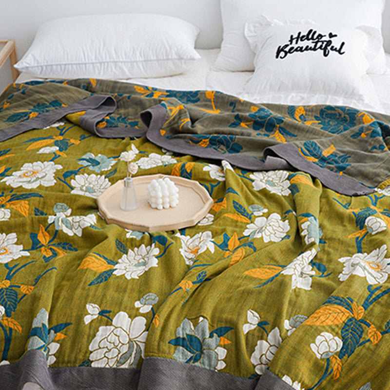 Ownkoti Baumwollsteppdecke mit Olivenblumen-Print