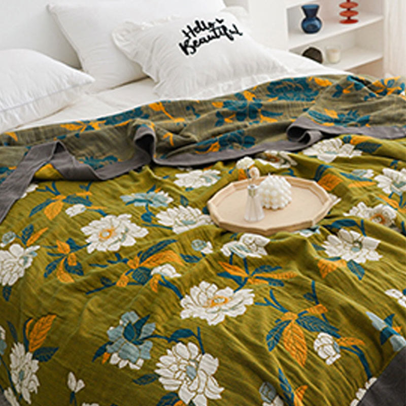 Ownkoti Baumwollsteppdecke mit Olivenblumen-Print