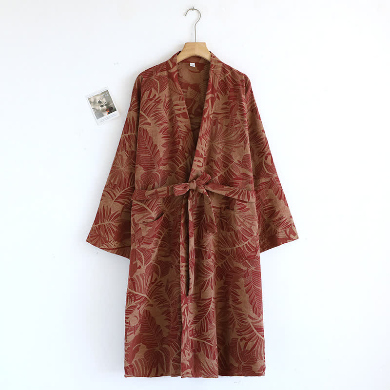 Vintage-Bademantel aus garngefärbter Jacquard-Baumwolle mit Blattmotiv