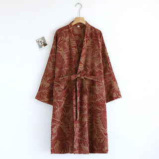 Vintage-Bademantel aus garngefärbter Jacquard-Baumwolle mit Blattmotiv
