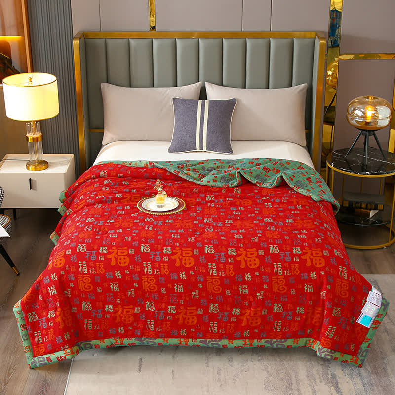 Retro-glückverheißende Wende-Sommer-Baumwolldecke