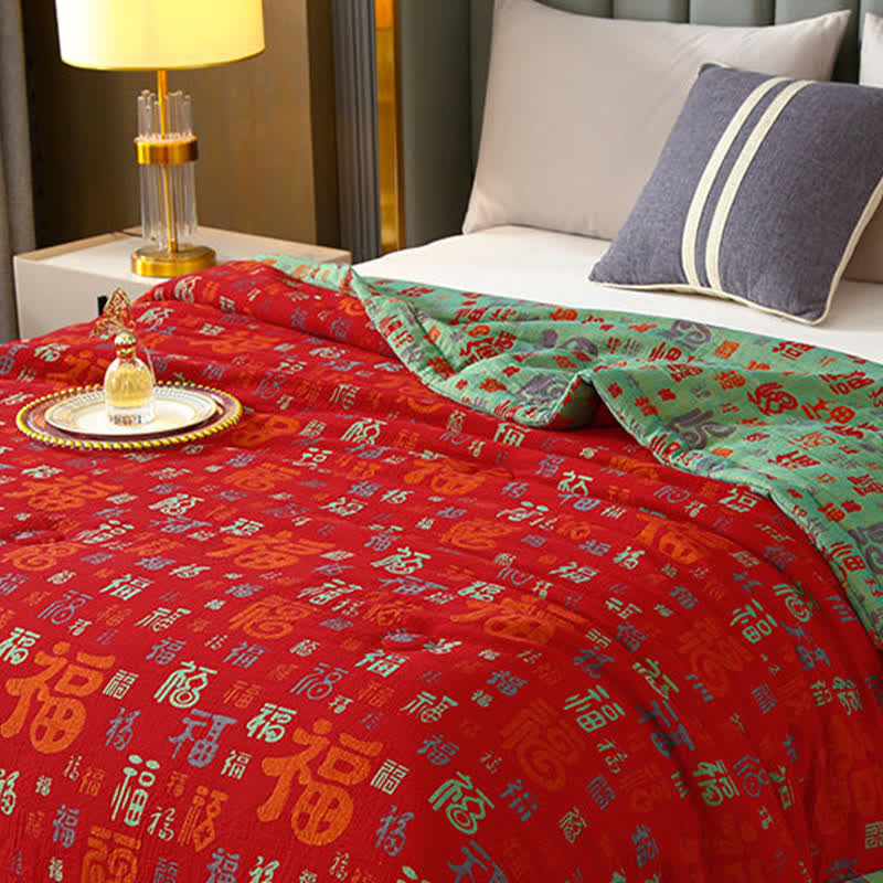 Retro-glückverheißende Wende-Sommer-Baumwolldecke