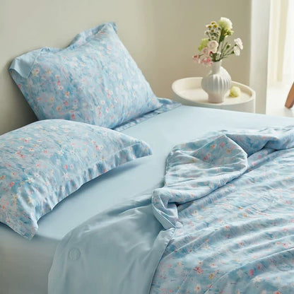 Pastorales blaues Sommer-Bettwäscheset mit Blumenmuster (4-teilig)