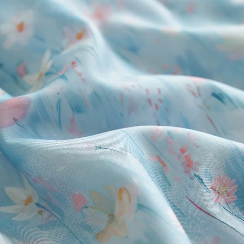 Pastorales blaues Sommer-Bettwäscheset mit Blumenmuster (4-teilig)