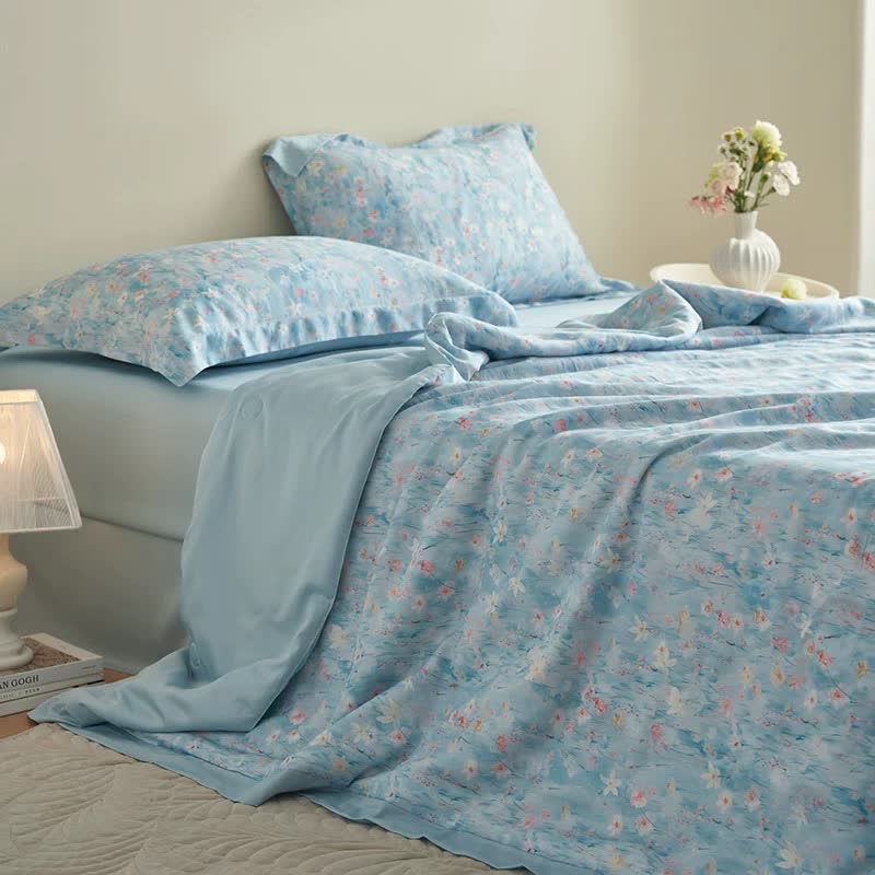 Pastorales blaues Sommer-Bettwäscheset mit Blumenmuster (4-teilig)
