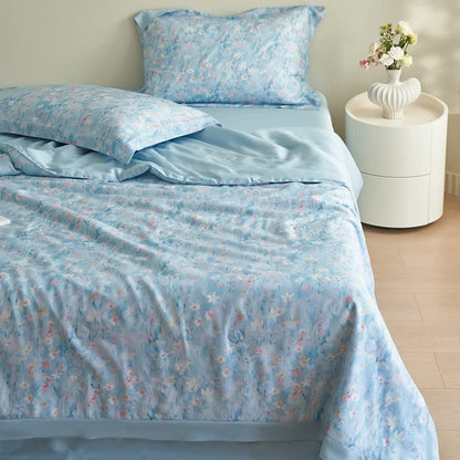 Pastorales blaues Sommer-Bettwäscheset mit Blumenmuster (4-teilig)