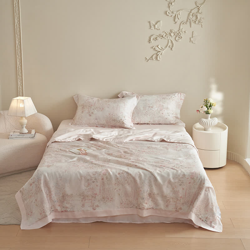 Pastorales rosa Blumen-Sommerbettwäscheset (4-teilig)
