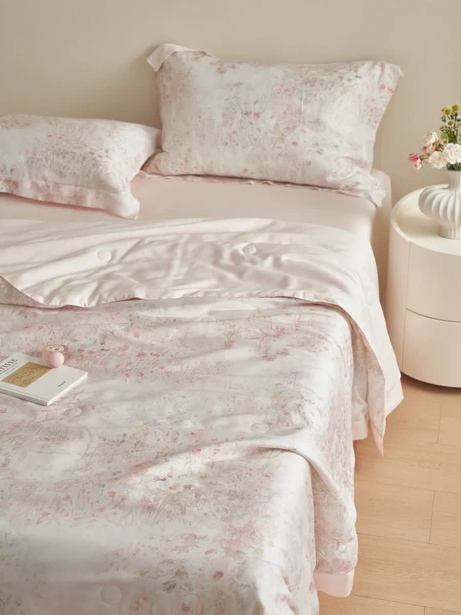 Pastorales rosa Blumen-Sommerbettwäscheset (4-teilig)