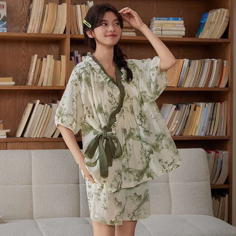 Kurzärmliges Pyjama-Set mit Bambus-Print und BH