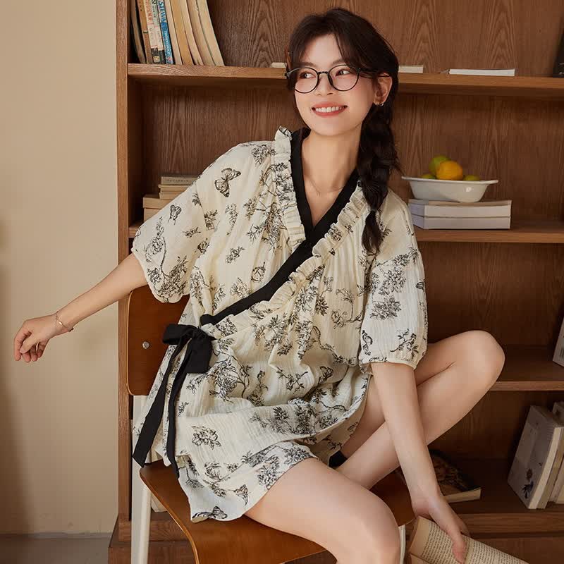 Pyjama-Set mit Blumenmuster und Schmetterlingen, kurzärmlig, ohne BH