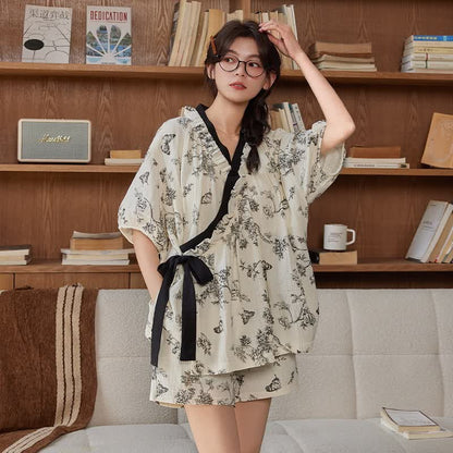 Pyjama-Set mit Blumenmuster und Schmetterlingen, kurzärmlig, ohne BH