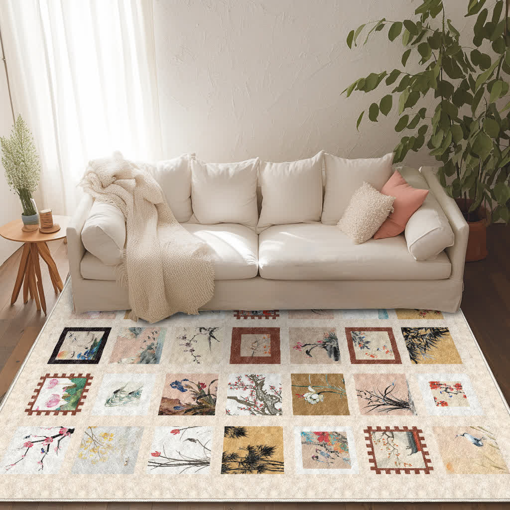 Weicher, rutschfester, waschbarer Teppich mit Blumen- und Vogelmotiv