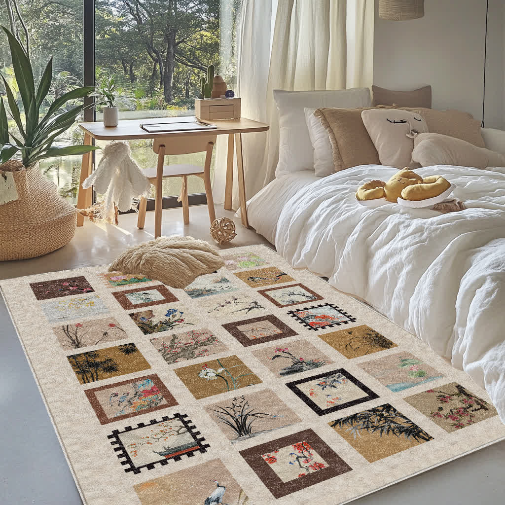 Weicher, rutschfester, waschbarer Teppich mit Blumen- und Vogelmotiv