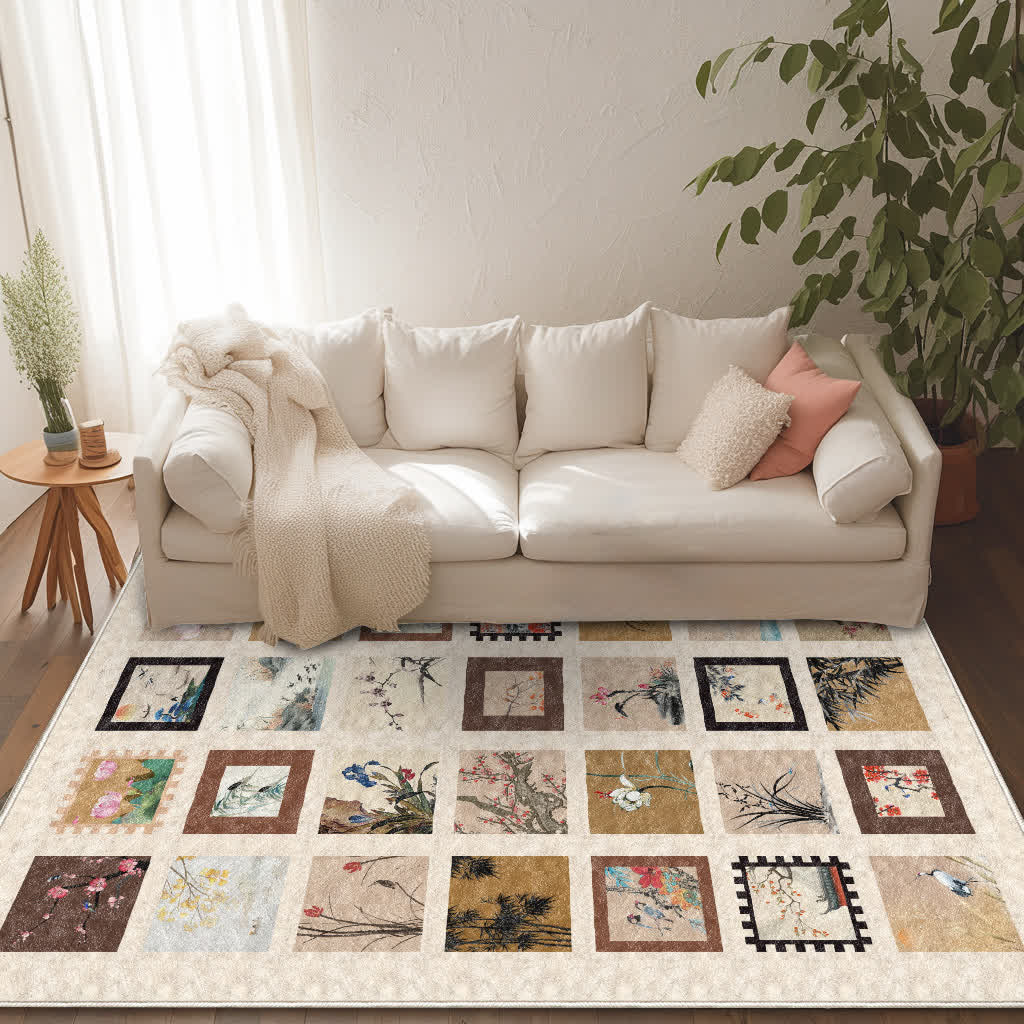 Weicher, rutschfester, waschbarer Teppich mit Blumen- und Vogelmotiv