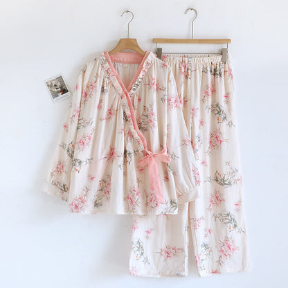 Lily Flower Baumwoll-Kimono-Pyjama-Set