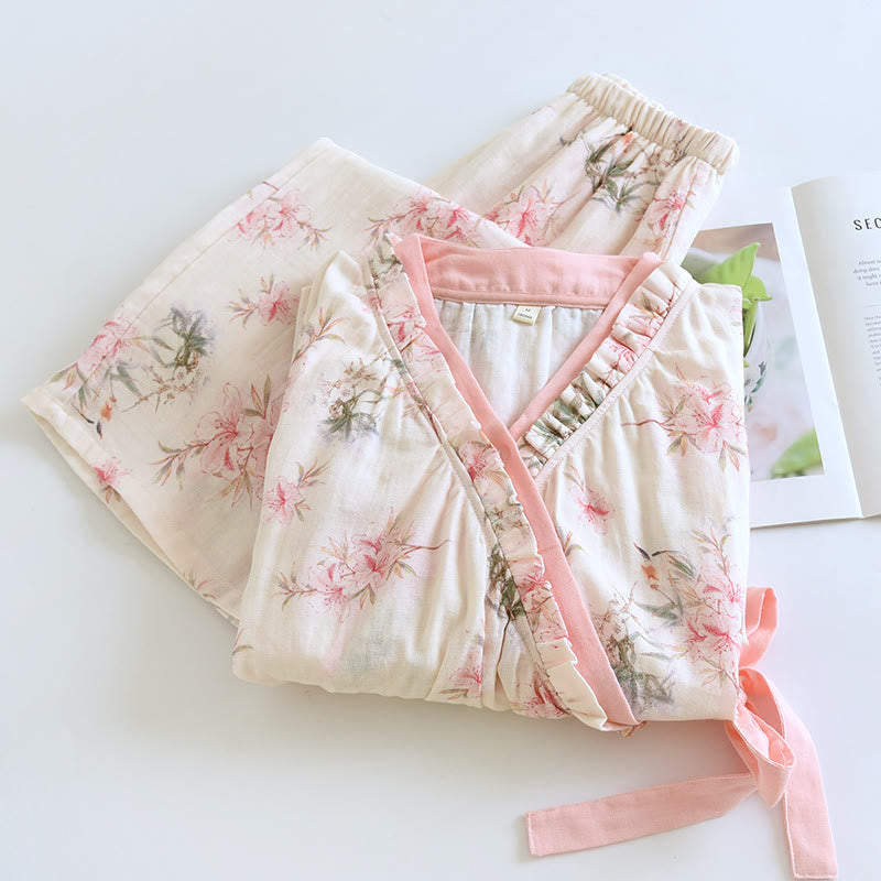 Lily Flower Baumwoll-Kimono-Pyjama-Set