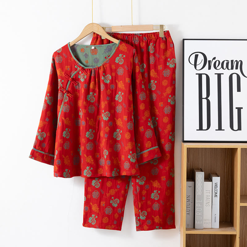 Rotes „Fu“-Nachtwäscheset aus Jacquard-Baumwolle