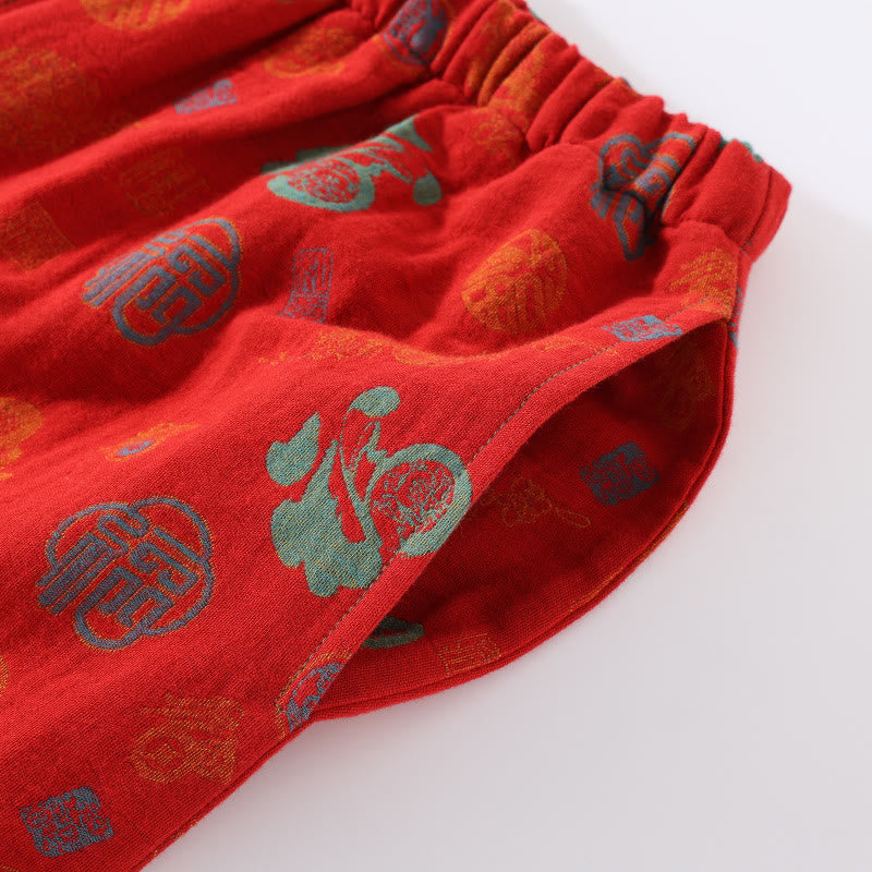 Rotes „Fu“-Nachtwäscheset aus Jacquard-Baumwolle