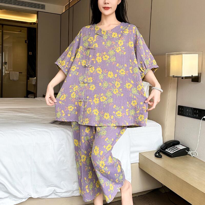 Plus Size Loungewear-Set aus Baumwolle mit violetten Blumen