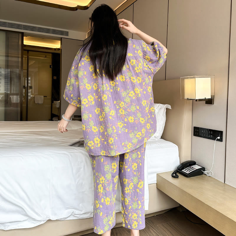Plus Size Loungewear-Set aus Baumwolle mit violetten Blumen