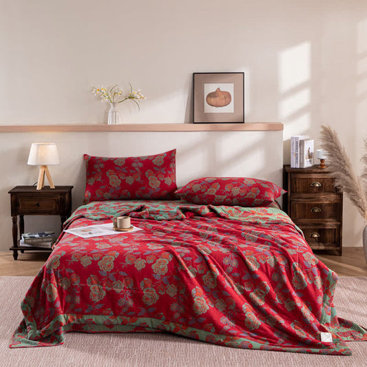 Doppellagige Sommerdecke aus Baumwolle mit Retro-Blumenmuster