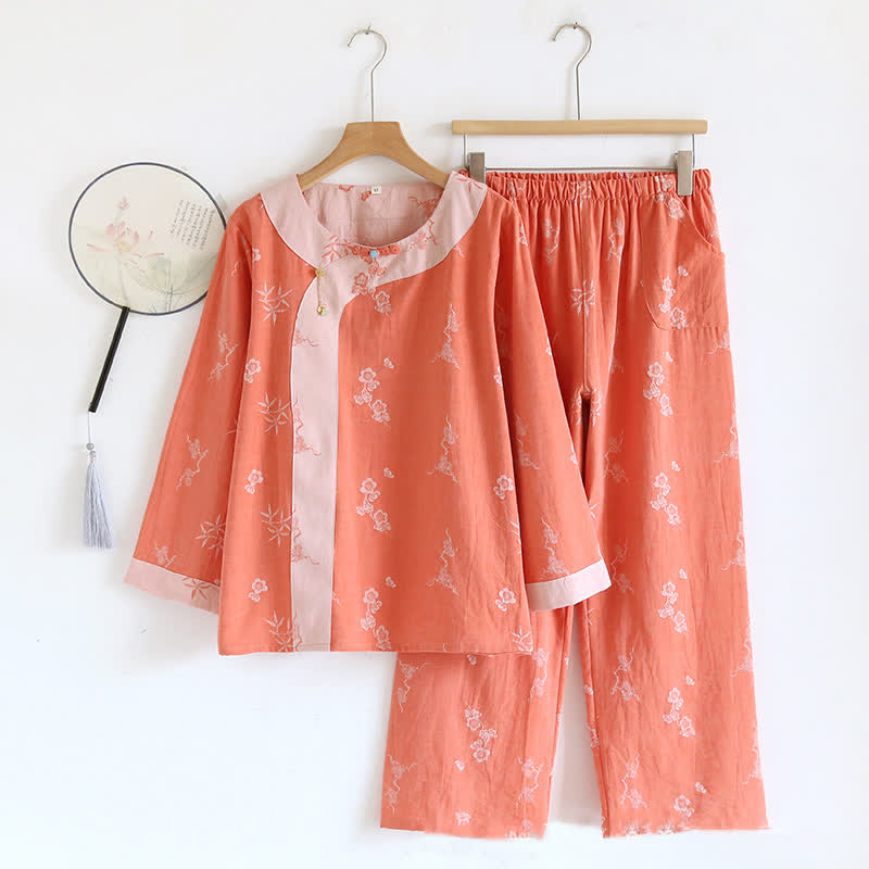 Langärmlige Loungewear aus garngefärbtem Jacquard-Baumwollstoff im Vintage-Stil