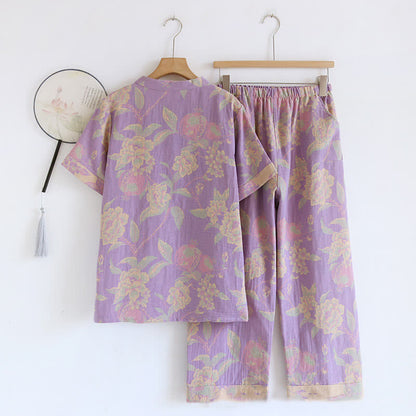 Retro-Loungewear-Set mit kurzen Ärmeln aus garngefärbter Baumwolle