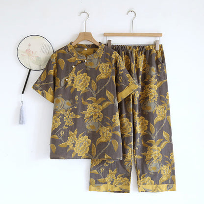 Retro-Loungewear-Set mit kurzen Ärmeln aus garngefärbter Baumwolle