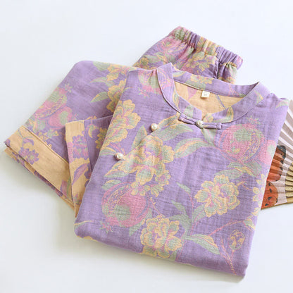 Retro-Loungewear-Set mit kurzen Ärmeln aus garngefärbter Baumwolle