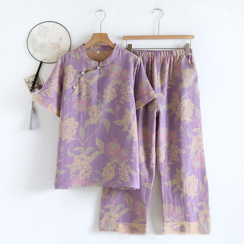 Retro-Loungewear-Set mit kurzen Ärmeln aus garngefärbter Baumwolle
