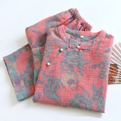 Retro-Loungewear-Set mit kurzen Ärmeln aus garngefärbter Baumwolle