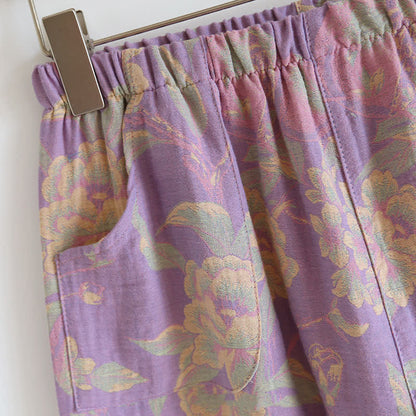 Retro-Loungewear-Set mit kurzen Ärmeln aus garngefärbter Baumwolle