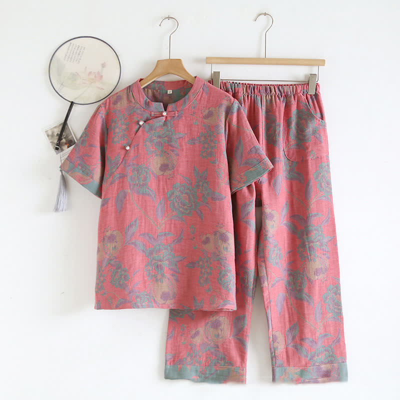Retro-Loungewear-Set mit kurzen Ärmeln aus garngefärbter Baumwolle